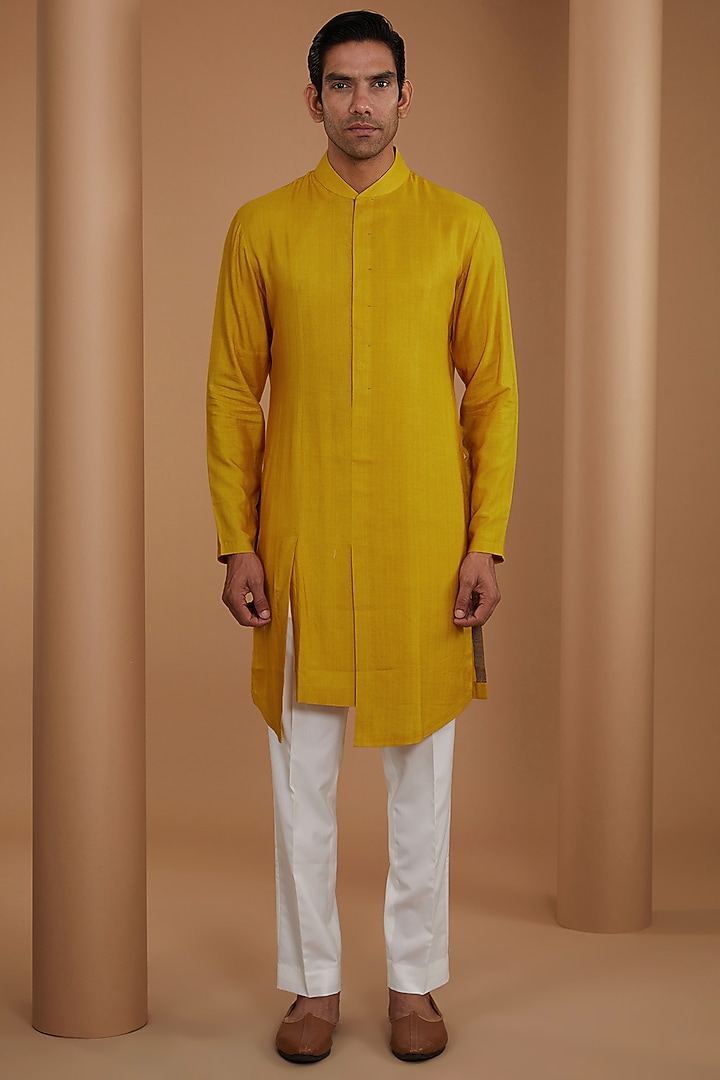 Marigold Raw Silk Printed & Embroidered Nehru Jacket Set by Dhruv Vaish at Pernia's Pop Up Shop