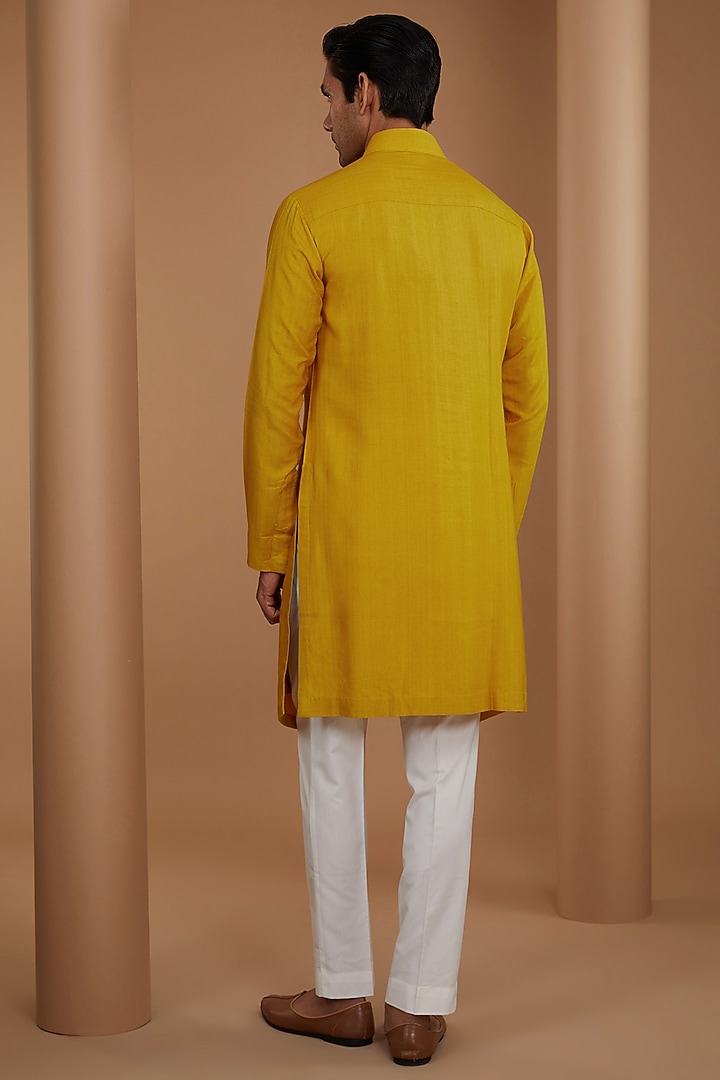 Marigold Raw Silk Printed & Embroidered Nehru Jacket Set by Dhruv Vaish at Pernia's Pop Up Shop