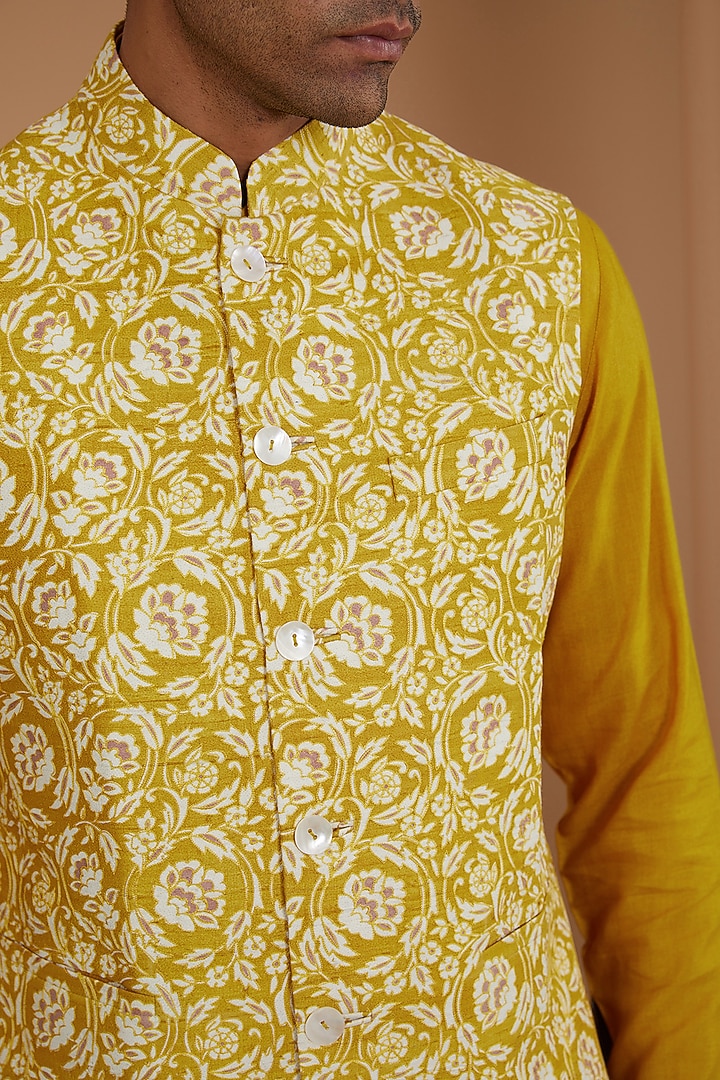 Marigold Raw Silk Printed & Embroidered Nehru Jacket Set by Dhruv Vaish at Pernia's Pop Up Shop