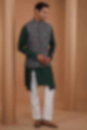 Bottle Green Raw Silk Printed & Embroidered Nehru Jacket Set by Dhruv Vaish