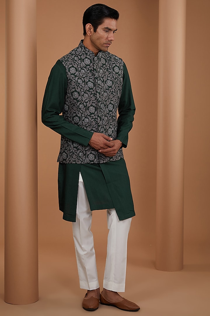 Bottle Green Raw Silk Printed & Embroidered Nehru Jacket Set by Dhruv Vaish