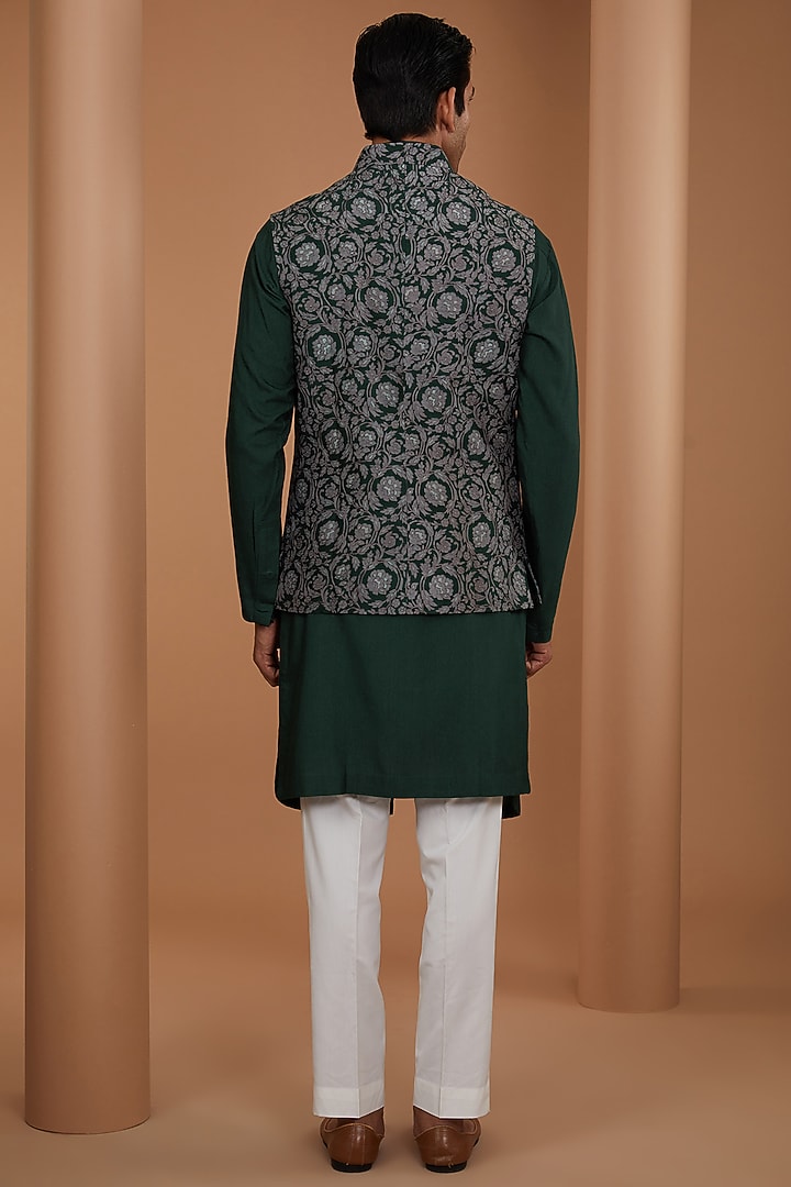 Bottle Green Raw Silk Printed & Embroidered Nehru Jacket Set by Dhruv Vaish at Pernia's Pop Up Shop