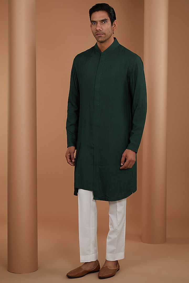 Bottle Green Raw Silk Printed & Embroidered Nehru Jacket Set by Dhruv Vaish at Pernia's Pop Up Shop