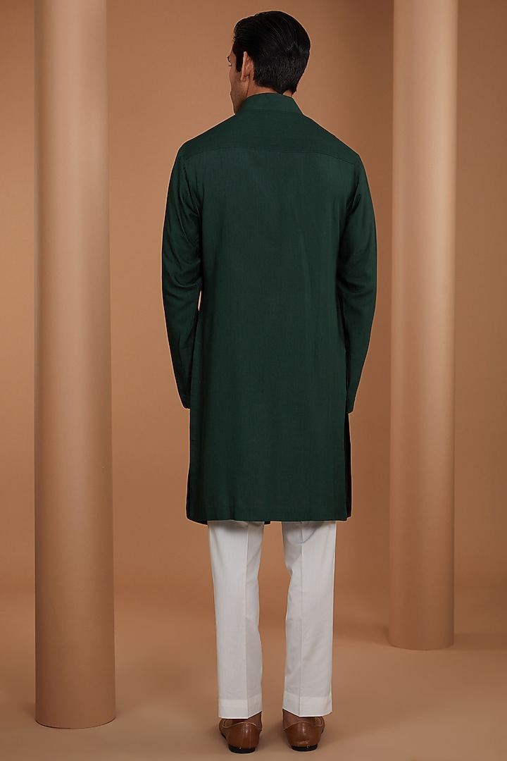 Bottle Green Raw Silk Printed & Embroidered Nehru Jacket Set by Dhruv Vaish at Pernia's Pop Up Shop
