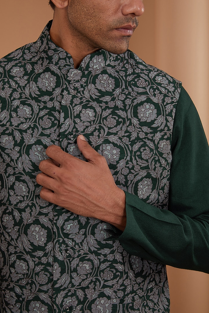 Bottle Green Raw Silk Printed & Embroidered Nehru Jacket Set by Dhruv Vaish at Pernia's Pop Up Shop