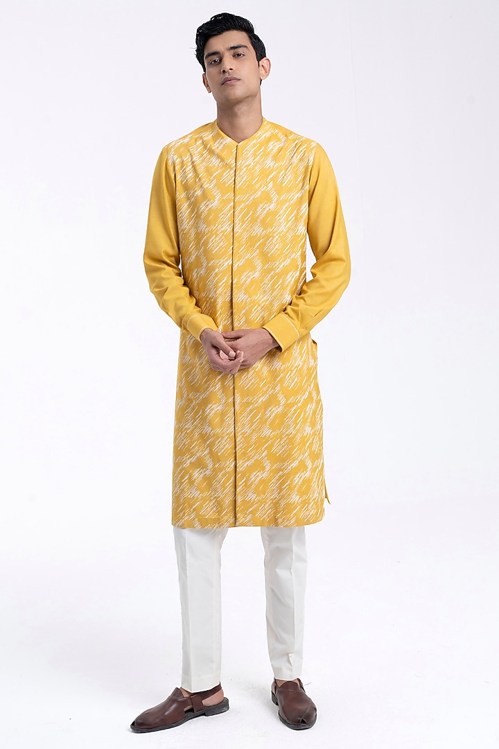 Marigold Cotton Silk Embroidered Kurta Set by Dhruv Vaish