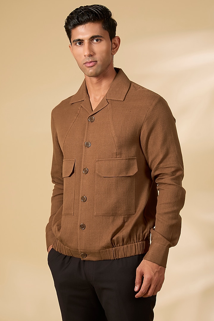 Dark Brown Cotton Satin Jacket by Dhruv Vaish at Pernia's Pop Up Shop