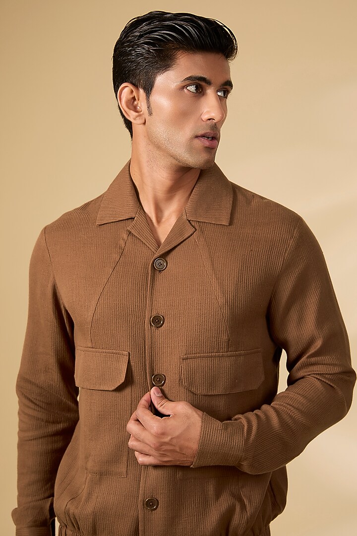 Dark Brown Cotton Satin Jacket by Dhruv Vaish at Pernia's Pop Up Shop