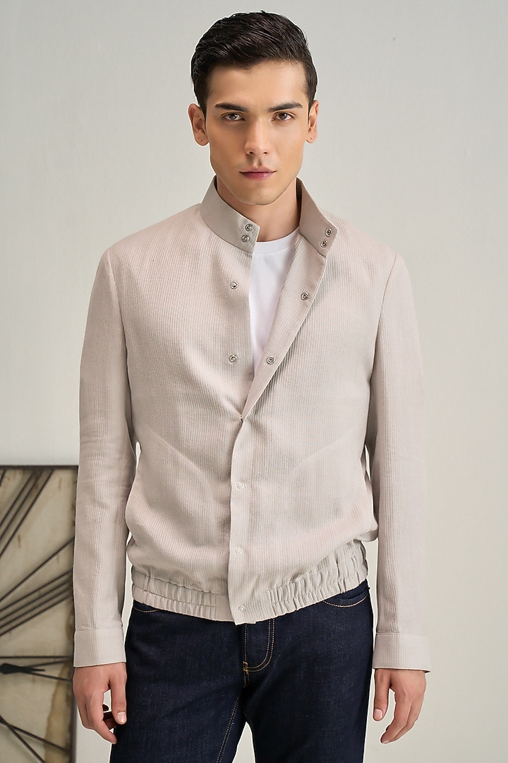 London Fog Colored Handloom Cotton Jacket by Dhruv Vaish at Pernia's Pop Up Shop