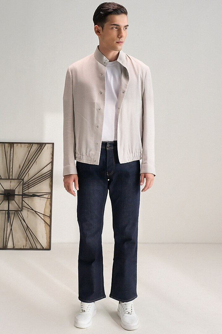 London Fog Colored Handloom Cotton Jacket by Dhruv Vaish at Pernia's Pop Up Shop