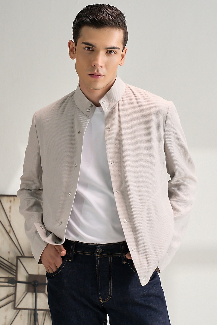 London Fog Colored Handloom Cotton Jacket by Dhruv Vaish at Pernia's Pop Up Shop