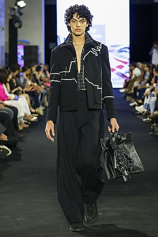 Black Denim & Silk Embroidered Co-Ord Set by Dhruv Vaish