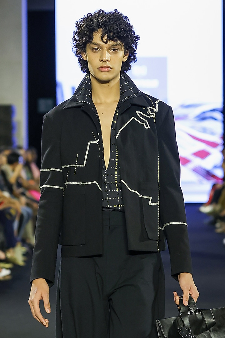 Black Denim & Silk Embroidered Co-Ord Set by Dhruv Vaish at Pernia's Pop Up Shop