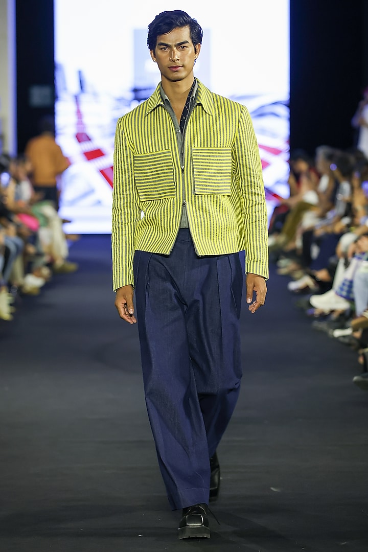 Lime Denim & Linen Embroidered Jacket Set by Dhruv Vaish at Pernia's Pop Up Shop