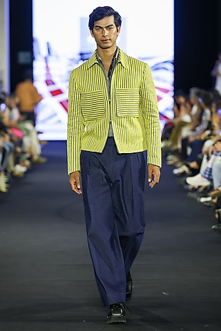 Lime Denim & Linen Embroidered Jacket Set by Dhruv Vaish