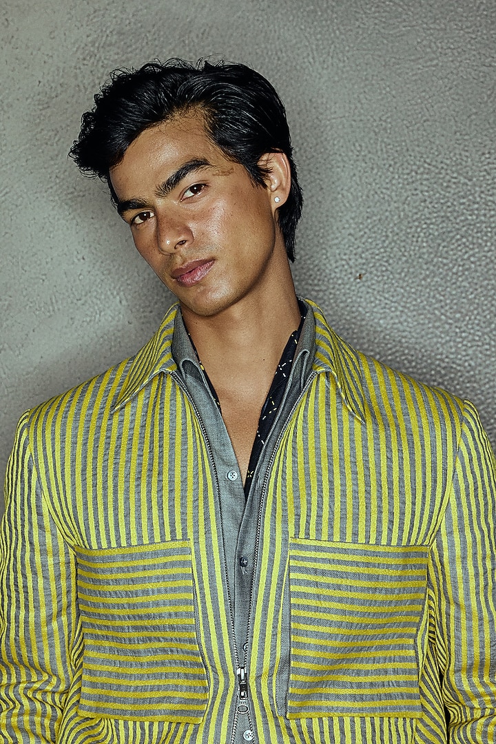 Lime Denim & Linen Embroidered Jacket Set by Dhruv Vaish at Pernia's Pop Up Shop