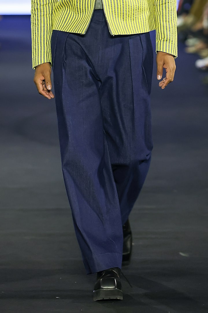 Lime Denim & Linen Embroidered Jacket Set by Dhruv Vaish at Pernia's Pop Up Shop