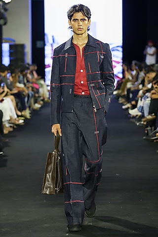 Navy Denim & Linen Co-Ord Set by Dhruv Vaish