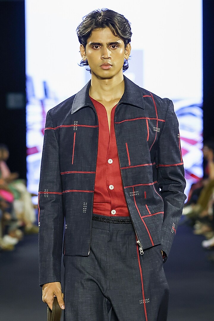 Navy Denim & Linen Co-Ord Set by Dhruv Vaish at Pernia's Pop Up Shop
