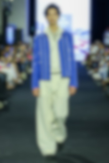 Azure-Colored Denim Thread Embroidered Jacket Set by Dhruv Vaish at Pernia's Pop Up Shop