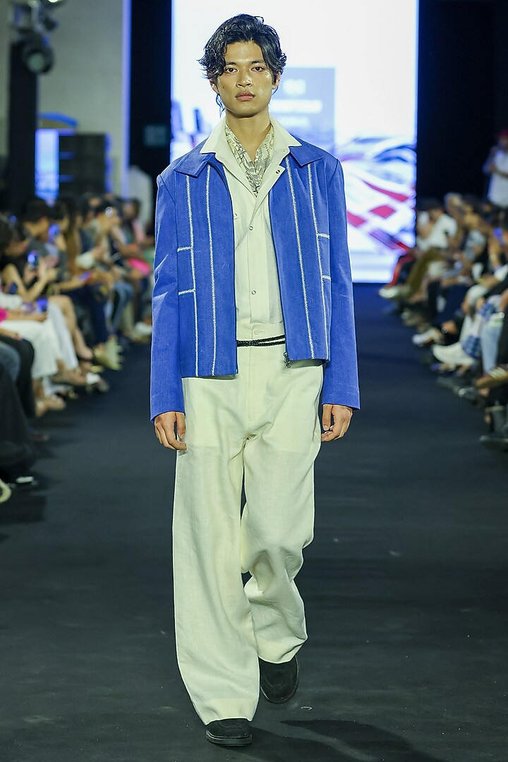 Azure-Colored Denim Thread Embroidered Jacket Set by Dhruv Vaish at Pernia's Pop Up Shop