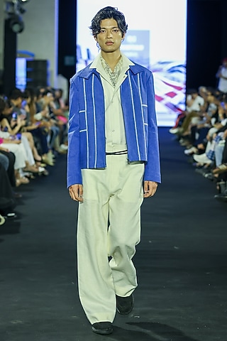 Azure-Colored Denim Thread Embroidered Jacket Set by Dhruv Vaish