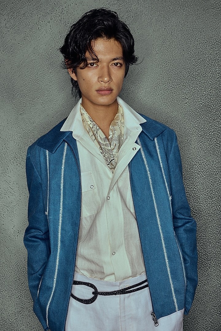 Azure-Colored Denim Thread Embroidered Jacket Set by Dhruv Vaish at Pernia's Pop Up Shop