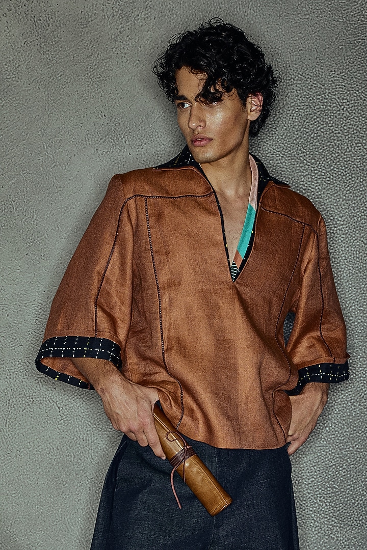 Orange & Navy Denim Co-Ord Set by Dhruv Vaish at Pernia's Pop Up Shop