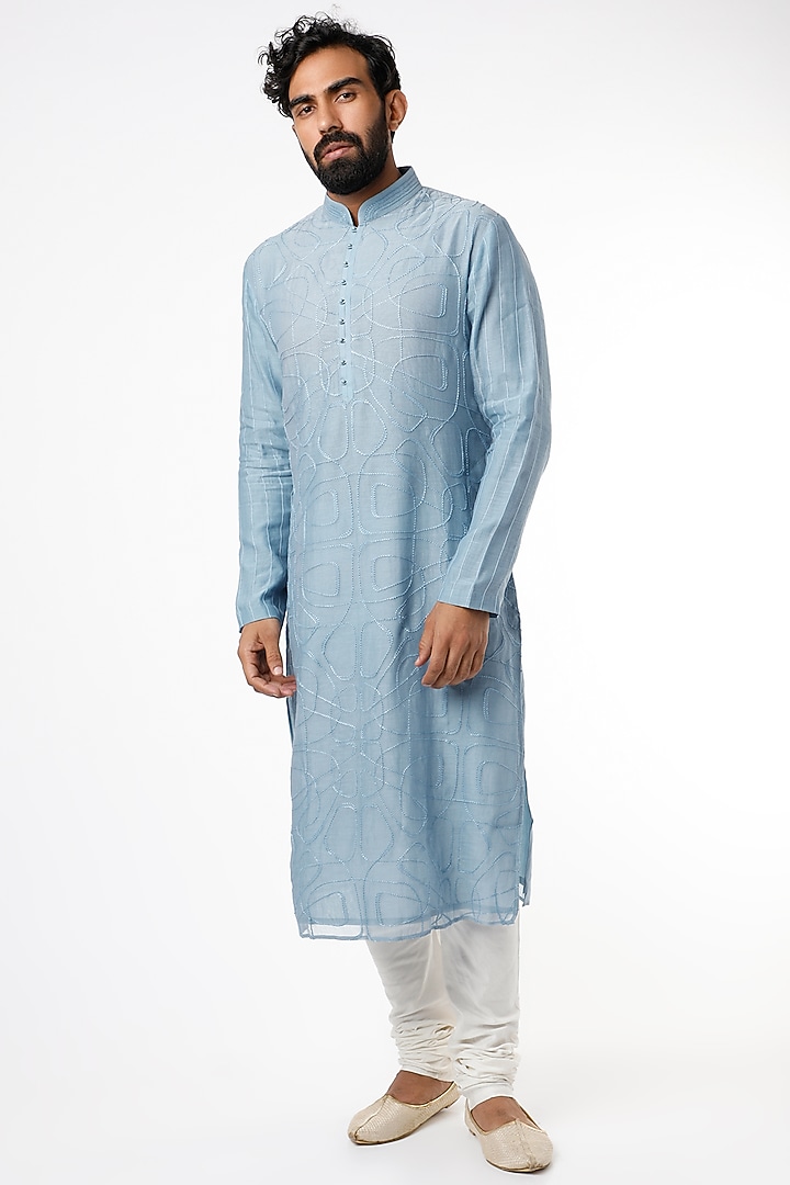 Mineral Blue Hand Embroidered Kurta Set by Dhruv Vaish at Pernia's Pop Up Shop
