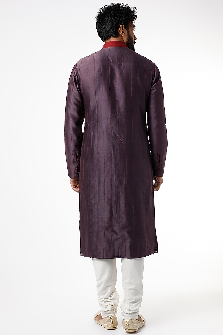 Shadow Plum Cotton Silk Chanderi Thread Embroidered Kurta Set by Dhruv Vaish at Pernia's Pop Up Shop