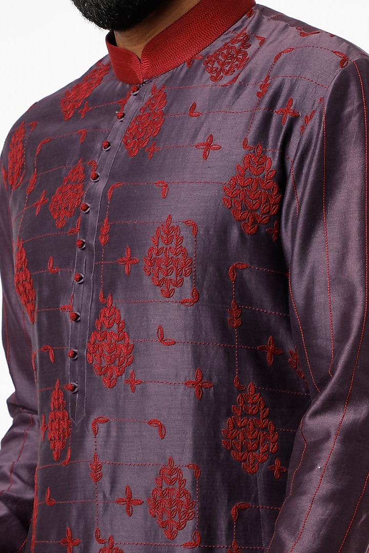 Shadow Plum Cotton Silk Chanderi Thread Embroidered Kurta Set by Dhruv Vaish at Pernia's Pop Up Shop