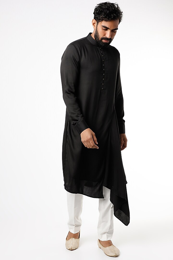 Black Cotton Satin Asymmetrical Kurta Set by Dhruv Vaish