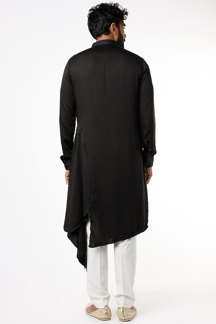Black Cotton Satin Asymmetrical Kurta Set by Dhruv Vaish at Pernia's Pop Up Shop