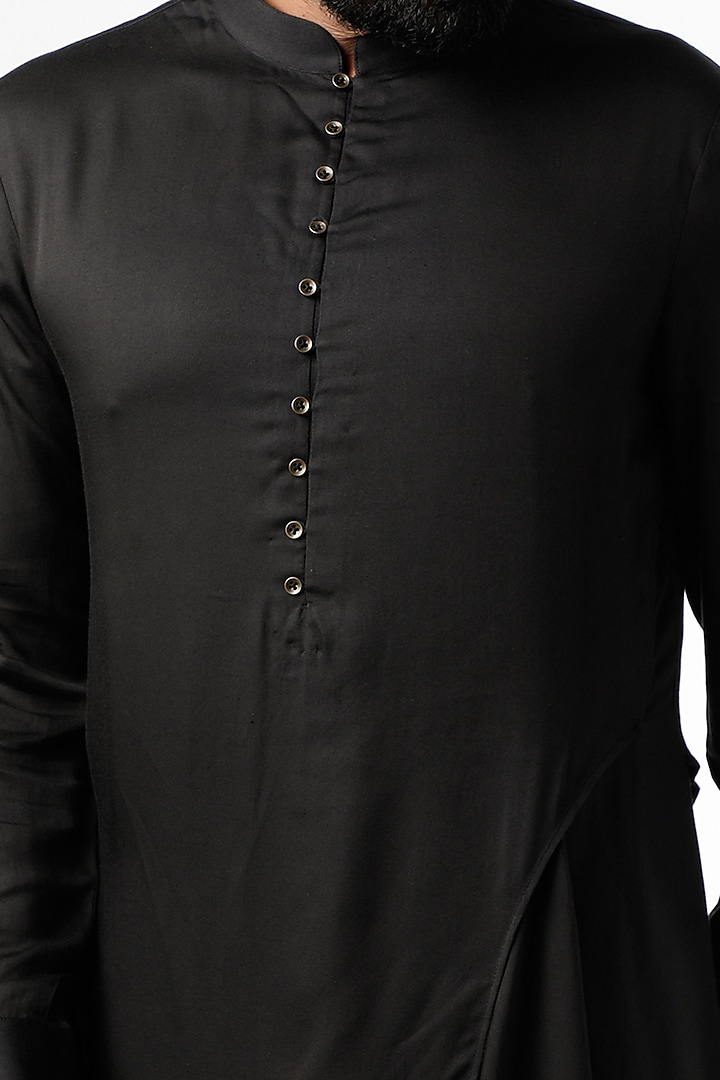 Black Cotton Satin Asymmetrical Kurta Set by Dhruv Vaish at Pernia's Pop Up Shop