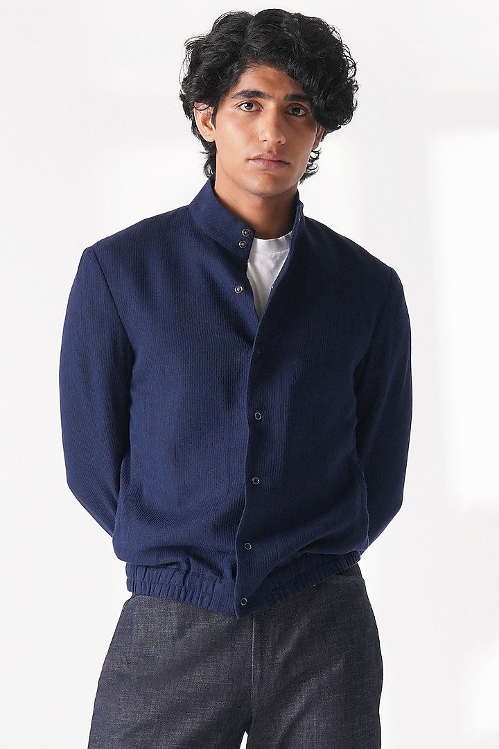 Navy Blue Handloom Cotton Shacket by Dhruv Vaish at Pernia's Pop Up Shop