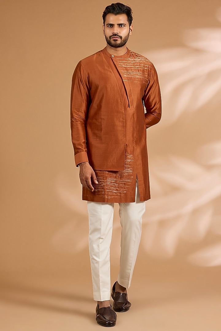Burnt Orange Cotton Silk Chanderi Kurta Set by Dhruv Vaish