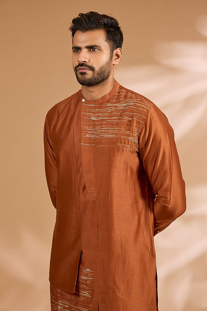 Burnt Orange Cotton Silk Chanderi Kurta Set by Dhruv Vaish at Pernia's Pop Up Shop