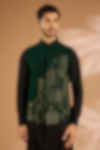 Bottle Green Silk Bundi Jacket by Dhruv Vaish at Pernia's Pop Up Shop
