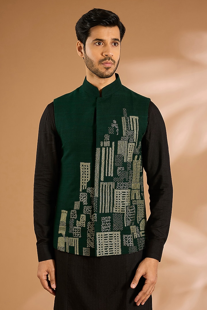 Bottle Green Silk Bundi Jacket by Dhruv Vaish at Pernia's Pop Up Shop