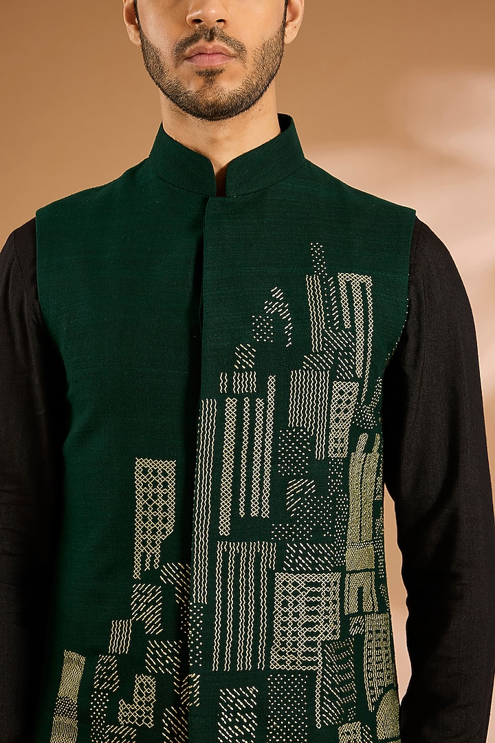 Bottle Green Silk Bundi Jacket by Dhruv Vaish at Pernia's Pop Up Shop