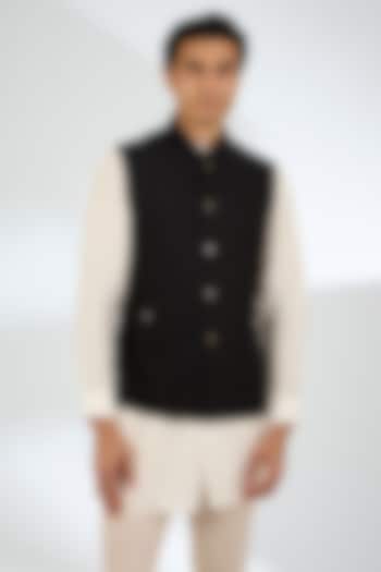 Black Silk Bundi Jacket by Dhruv Vaish at Pernia's Pop Up Shop