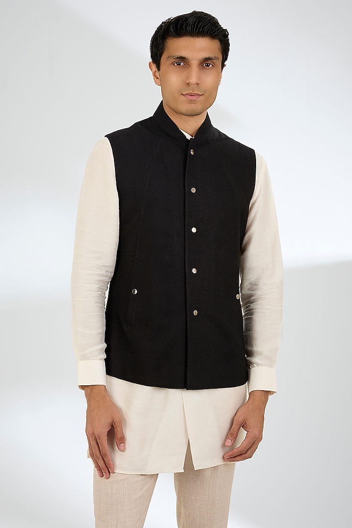 Black Silk Bundi Jacket by Dhruv Vaish at Pernia's Pop Up Shop