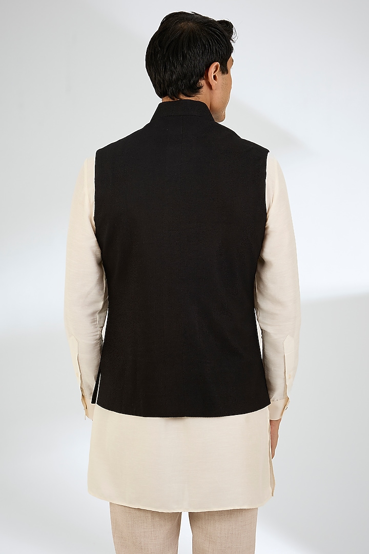 Black Silk Bundi Jacket by Dhruv Vaish at Pernia's Pop Up Shop