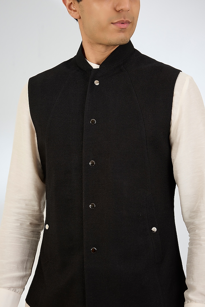 Black Silk Bundi Jacket by Dhruv Vaish at Pernia's Pop Up Shop