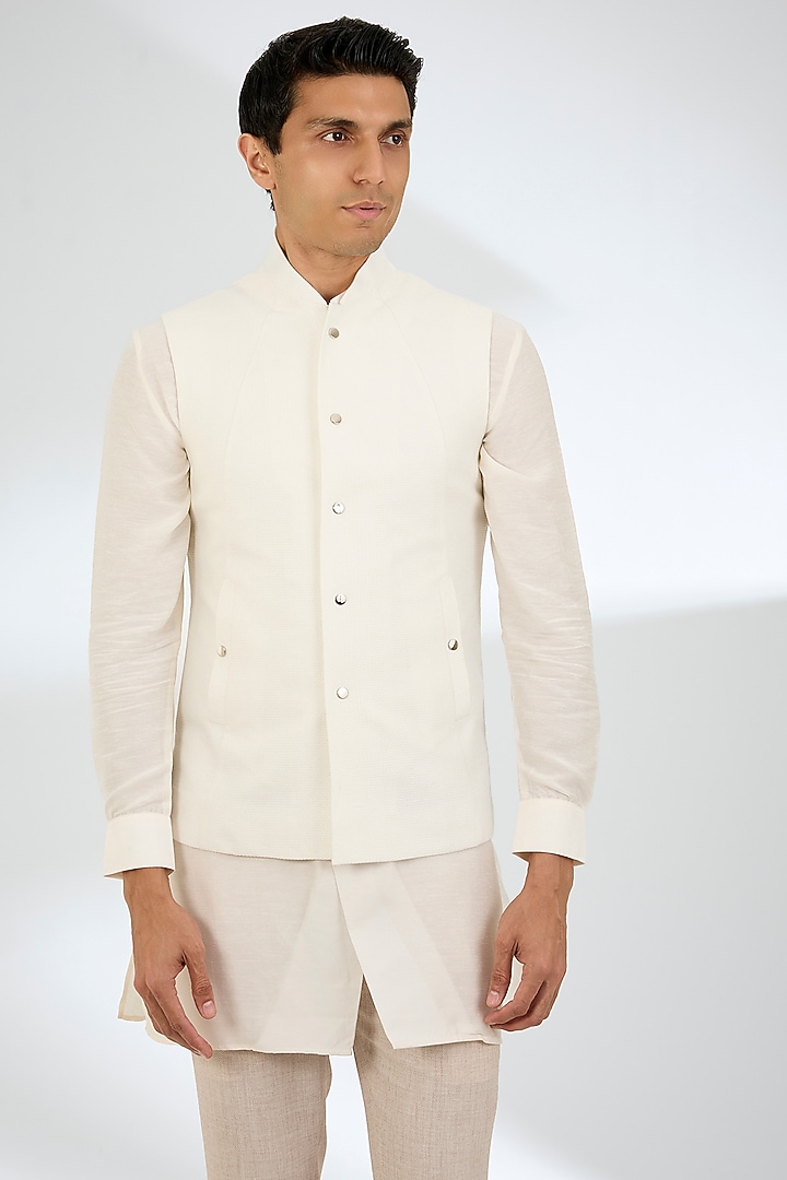 Ivory Silk Bundi Jacket by Dhruv Vaish at Pernia's Pop Up Shop