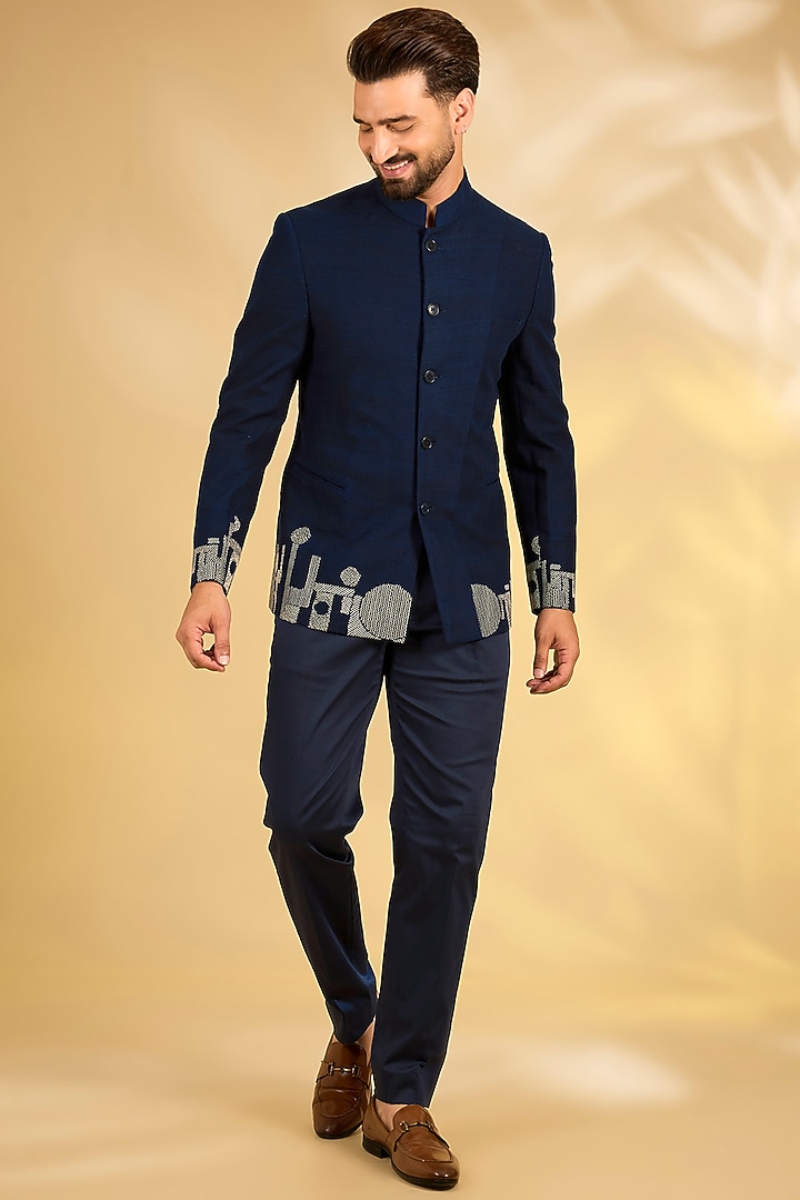 Navy Matka Wedding Bandhgala Set by Dhruv Vaish at Pernia's Pop Up Shop