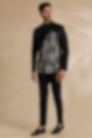 Black Silk Wedding Bandhgala Set by Dhruv Vaish at Pernia's Pop Up Shop