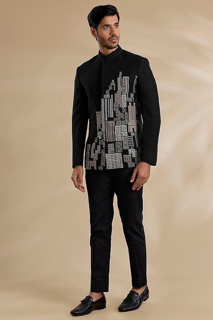 Black Silk Wedding Bandhgala Set by Dhruv Vaish at Pernia's Pop Up Shop