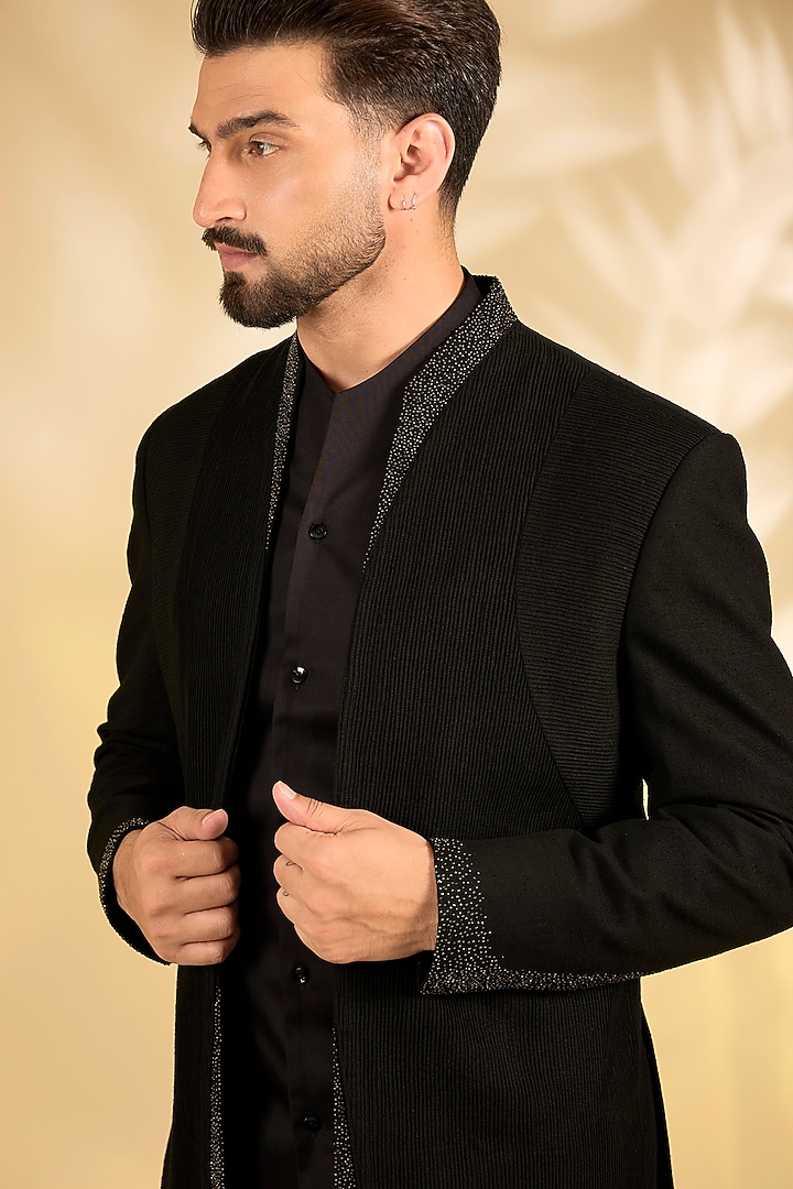 Black Suiting Groom Indowestern Set by Dhruv Vaish at Pernia's Pop Up Shop