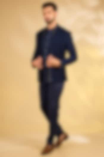 Navy Blue Textured Fabric Groom Indowestern Set by Dhruv Vaish at Pernia's Pop Up Shop